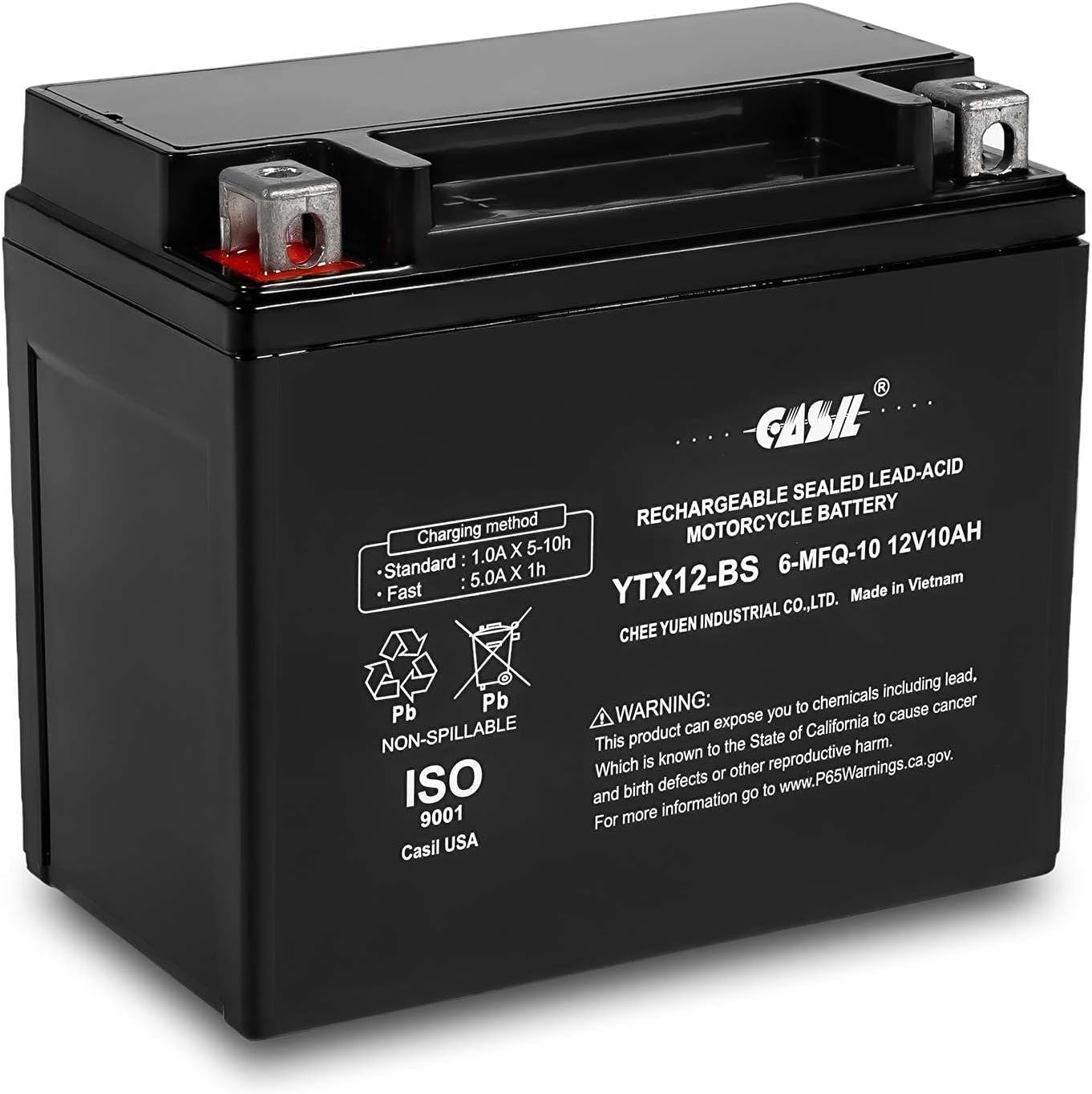 CasilYTX12-BS Replaces ETX12 TX12 AGM Motorcycle and ATV 12V Battery, 180 Cold Cranking Amps and 10 Ahr.