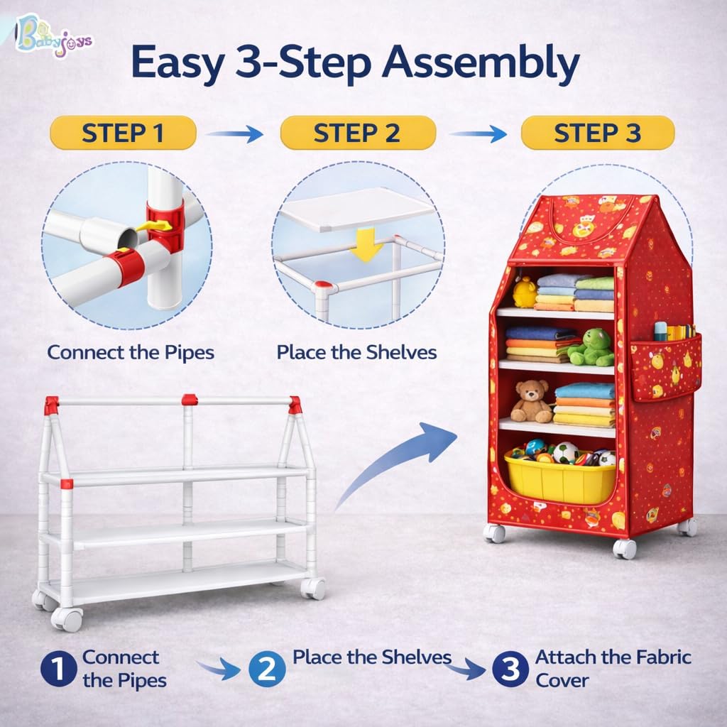 Babyjoys Multipurpose Baby Wardrobe Organizer with 5 Shelves | Baby Clothes Organizer & Storage | Baby Almirah/Almera Plastic Cupboard for Clothes, Foldable (Unbreakable Material) | Cherry Red 2