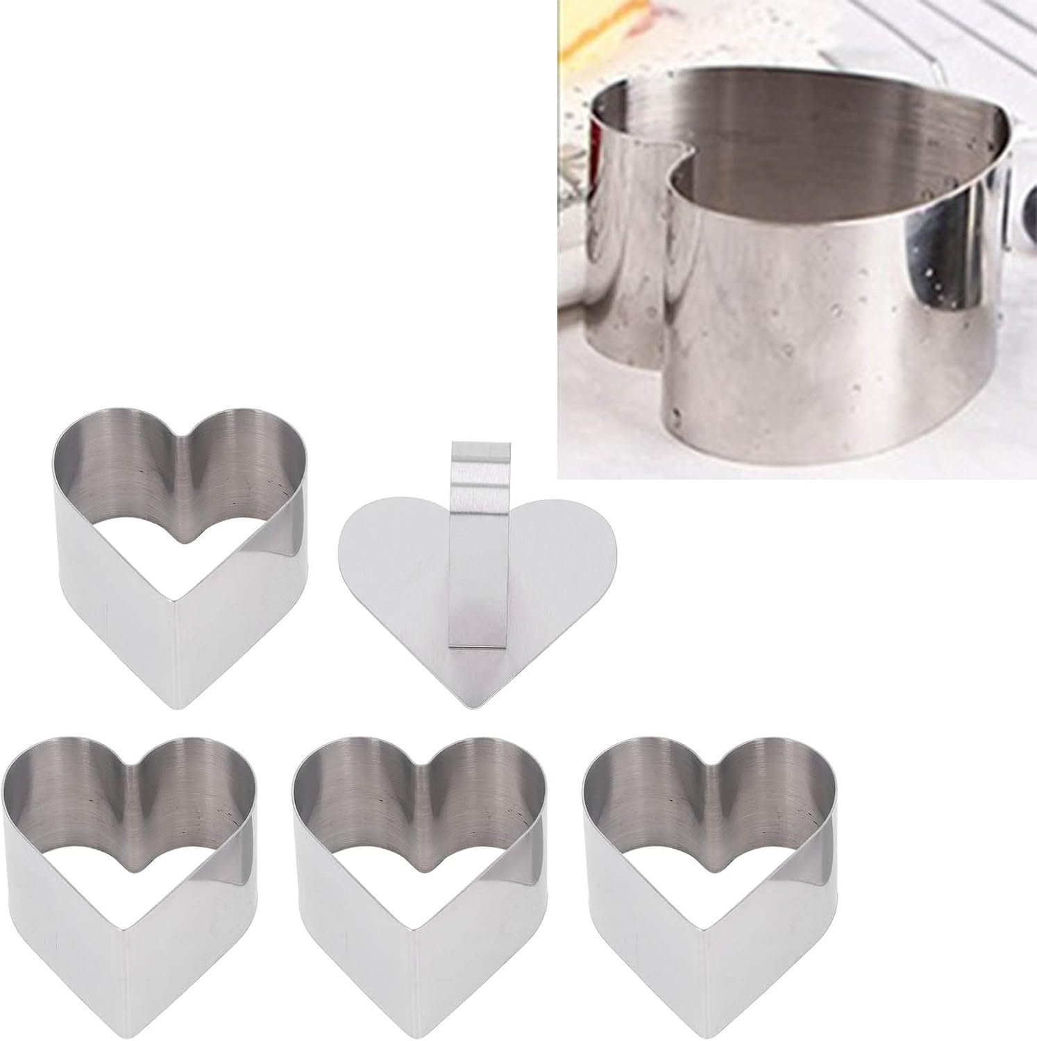 4Pcs Stainless Steel Cake Cutter Mold, Multifunction Baking Cutter Mold, Unique Shape DIY Easy Release Cake Baking Tool with Lid for Cakes Desserts Tarts (Heart Shape)