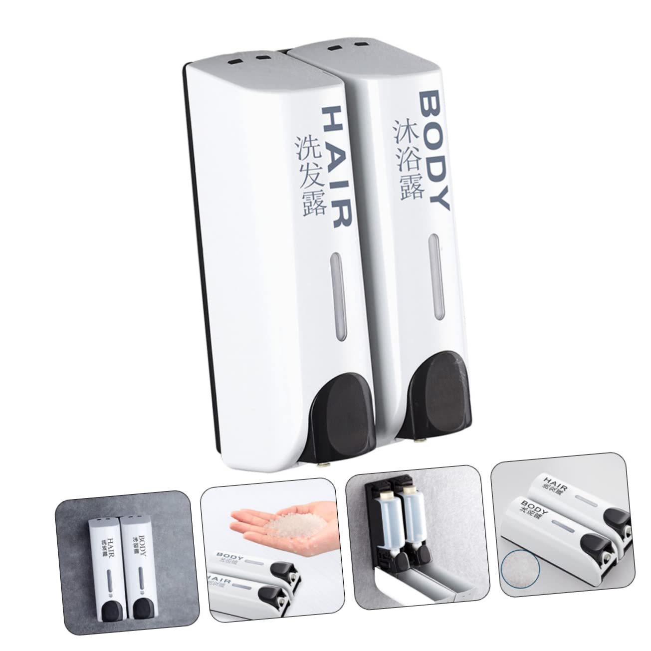 Dispensador de Plástico Blanco Recargable de Jabón y Champú de Pared sin Perforaciones Diseño Compacto Pulsador Fácil de Usar para Baño en Casa