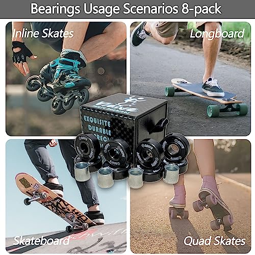 Naive Skateboard Bearings 8 Pack W Spacers, Lubed Dual Seals Set For 8Mm Axle Wheel Longboard,Cruiser,Surfskate,Inline & Roller Skates,Carry Cube Case,Black(10Mm Spacer,608-2Rs,8X22X7Mm) #TOP4