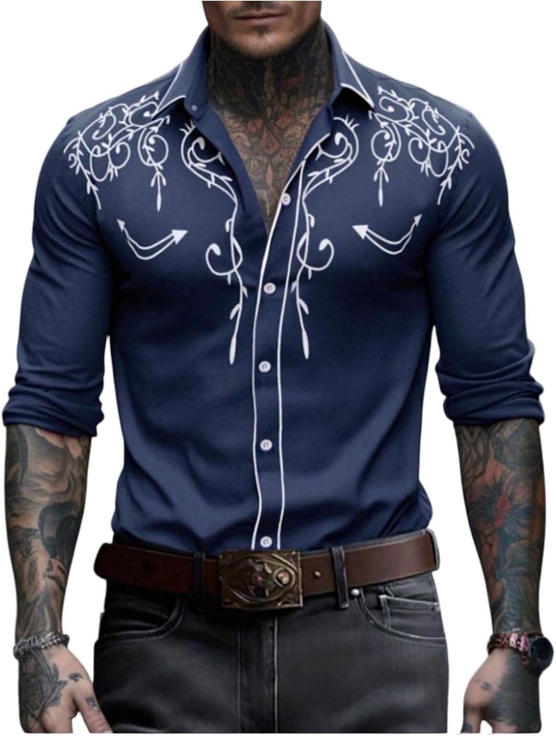 Ymosrh Men's Casual Button Down Long Sleeve Floral Design Western Embroidered Cowboy Shirts, S-2XL