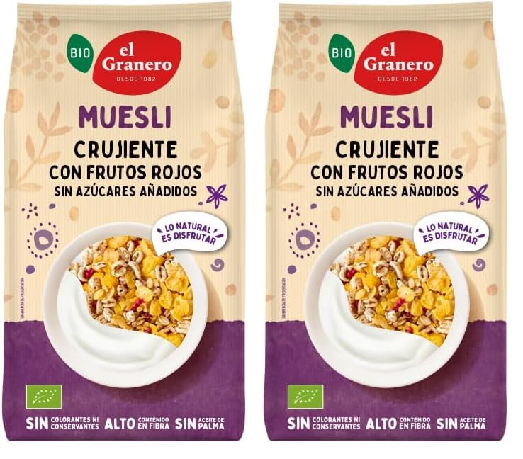 EL GRANERO INTEGRAL Muesli Crujiente Con Frutos Rojos Bio, 200 g Gran Fuente de Energía - Alto Contenido en Fibra - Ideal para el Desayuno - Apto Para Veganos (Paquete de 2)