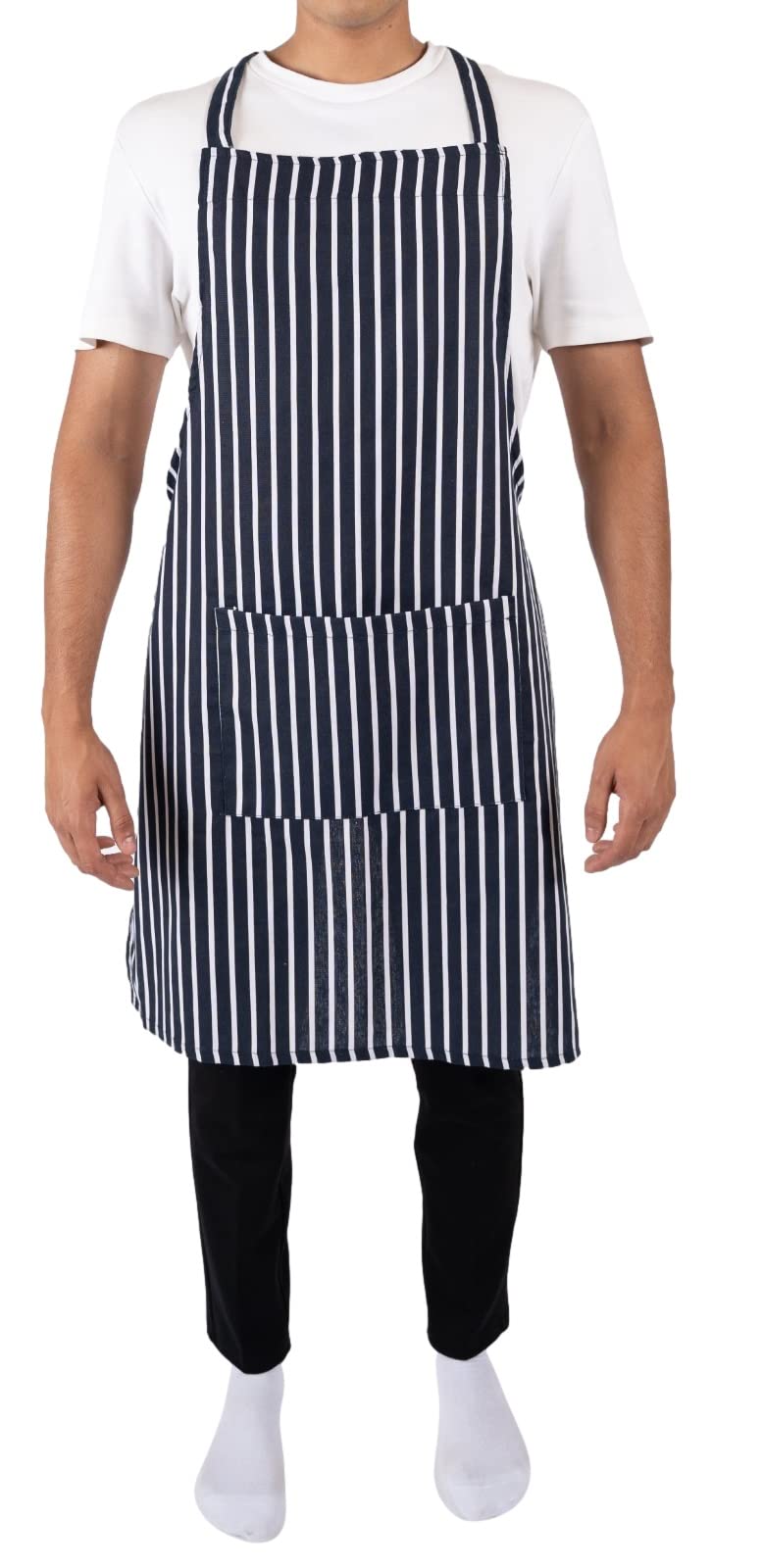 Casa D'Or Navy Apron Bib With Pockets Unisex Stripe Adjustable Apron for Cooking Baking Kitchen Restaurant Chef Cotton Apron Bib (Navy)