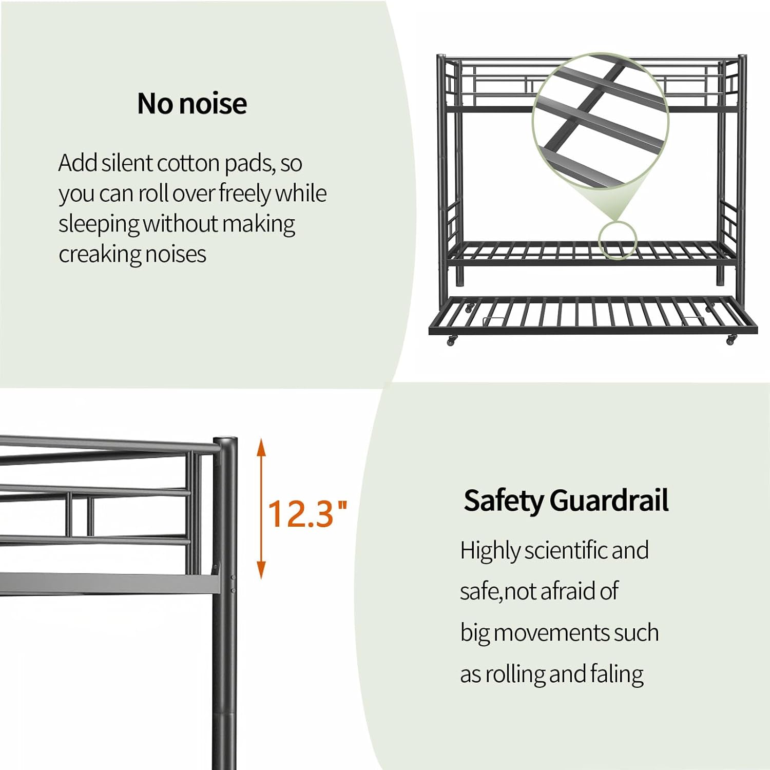Metal Bunk Bed with Trundle,Twin Over Twin Bunk Bed Frame with Ladder and Safety Rails for Triple Metal Bunk Can be Divided into Two beds (Black)