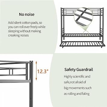 Metal Bunk Bed with Trundle,Twin Over Twin Bunk Bed Frame with Ladder and Safety Rails for Triple Metal Bunk Can be Divided into Two beds (Black)