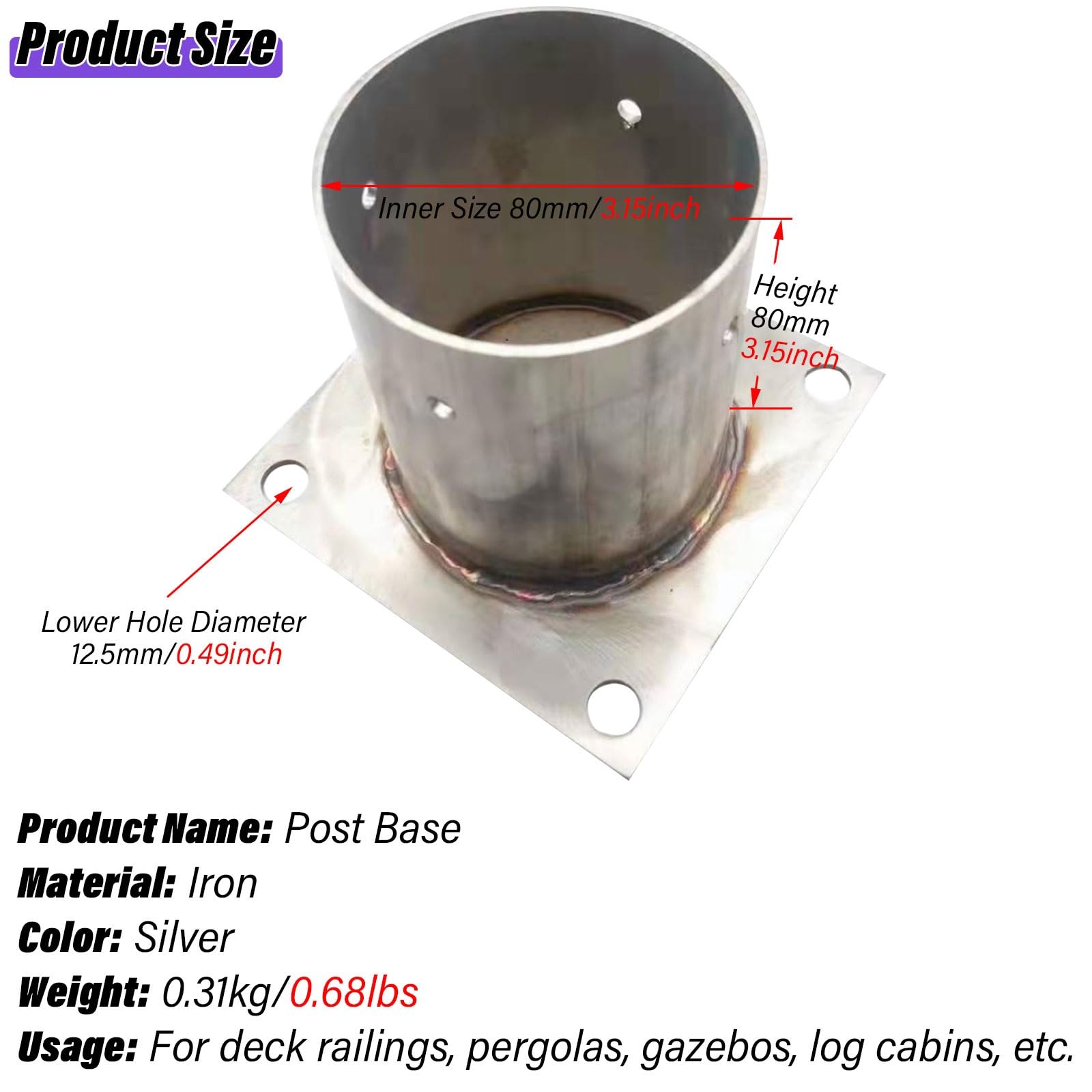 Base de poste de acero inoxidable duradera for cubiertas y vallas: soporte de poste for barandillas de porche y soporte de buzón(80x80mm)