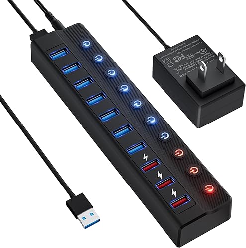 Hub USB alimentado, concentrador divisor USB de 10 puertos (7 puertos de transferencia de datos más rápidos + 3 puertos de carga inteligente) con
