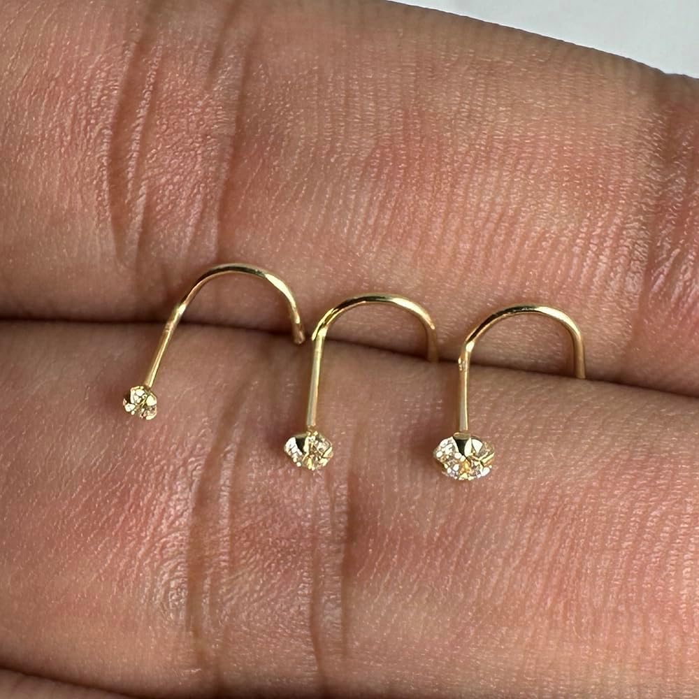 Claw Set Round Cz Stone Top 18K Solid Yellow Gold 22 Gauge Corkscrew Twist Nose Screw - Tiny Nose Stud - Diamond Nose Piercing Body Jewelry