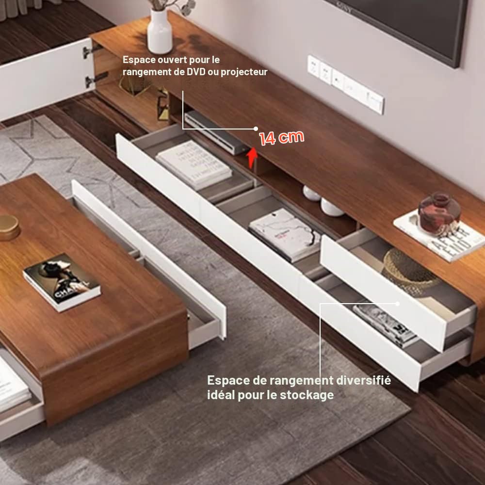 POVISON Meuble TV Moderne 200cm, Meuble TV Bois et Blanc avec Rangement 4 Tiroirs et 2 Etageres, Meuble de Salon Aucun Assemblage requis, 200 * 40 * 38cm