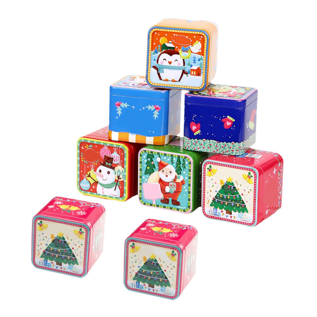 GANAZONO 8 Stück Teiliges Quadratische Weihnachtsgeschenkboxen aus Robustem Blech Dekorative Keksdosen mit Festlichem Muster Vielseitig für Süßigkeiten Kekse und Partygeschenke Geeignet