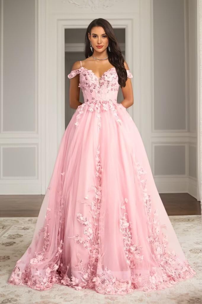 3D Flowers Tulle Prom Dresses for Women 2026 Lace Applique Cold Shoulder Blue Ball Gown Formal Dress