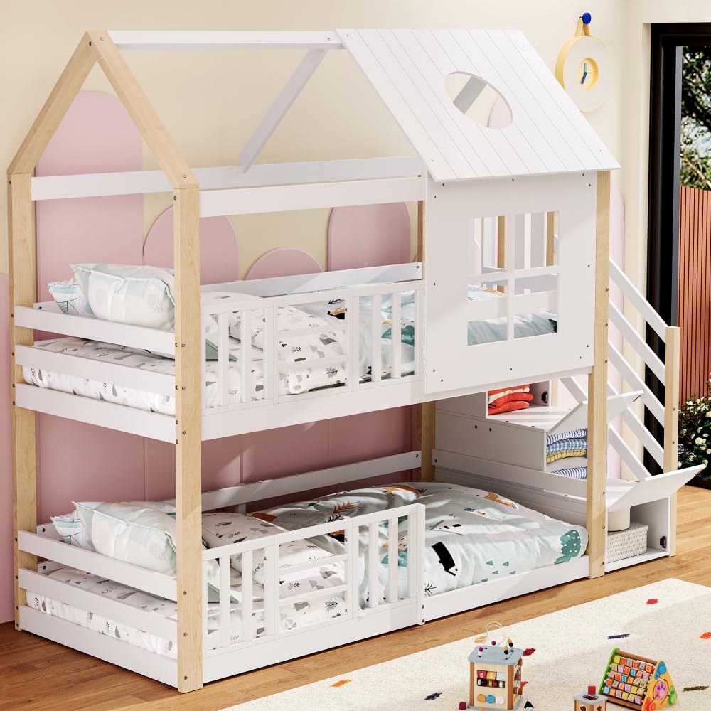Litera para niños de 90 x 200 cm, con escalera de almacenamiento y techo, barrera anticaídas, diseño de ventana para habitación infantil