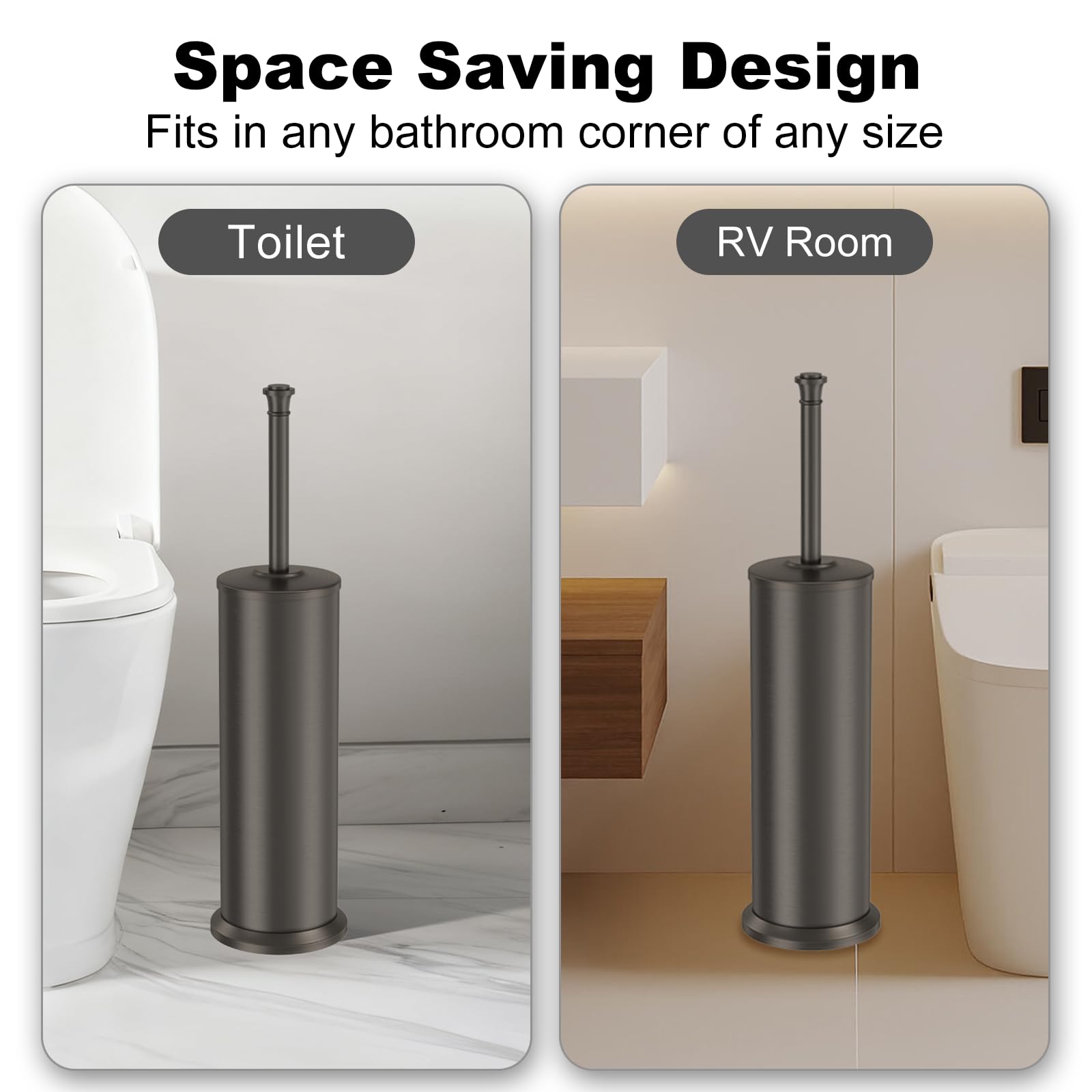 Cepillo de inodoro y soporte de peltre, cepillo de inodoro de mango extra largo para baño, cepillo de inodoro resistente de acero inoxidable, cuenco interior extraíble, cepillo limpiador de cerdas