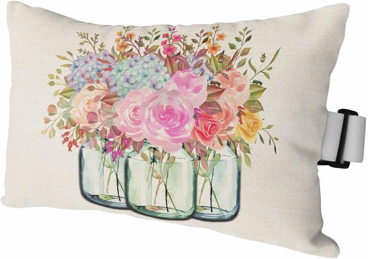 Spring Blossom Flower with Bottle Outdoor Head Pillows for Recliner Chair,Pack of 1 Waterproof Throw Pillow Cushion Cases with Insert&Elastic Strap,Watercolor Floral on Burlap Pillow for Patio Beach