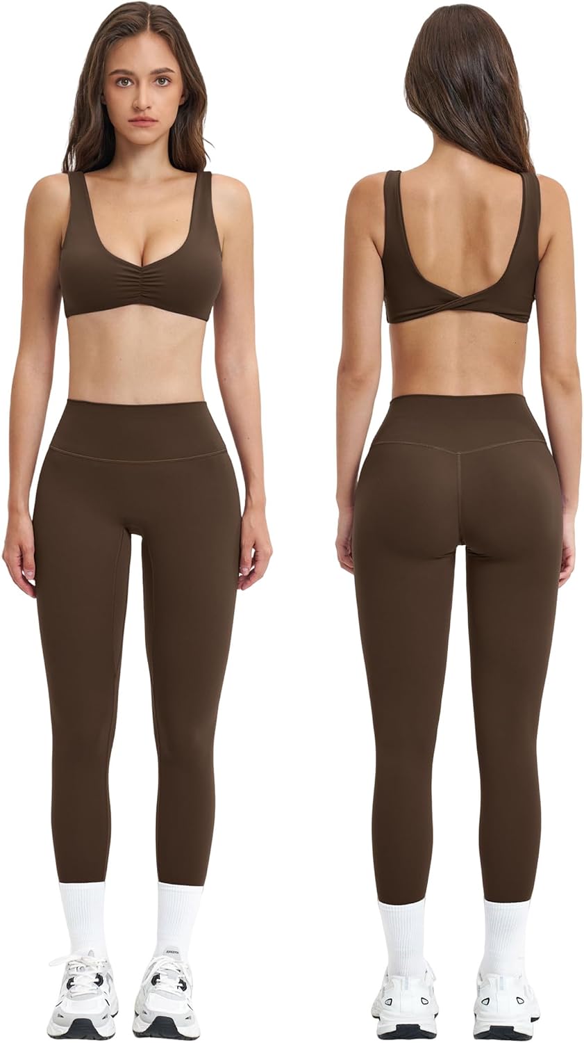 Women 2 Piece Workout U Back Front Scrunch Sports Bra High Waist Tummy Control Active Leggings Yoga Pilates Outfits
