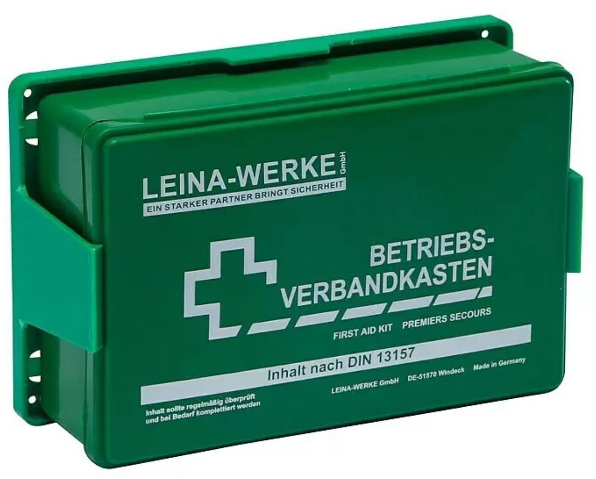 Betriebs-Verbandkasten DIN13157 mit Halterung Made in Germany + -Paket 1- Folienaufkleber -> Sicheitszeichen + Verhalten bei Unfällen + Verhalten im Brandfall