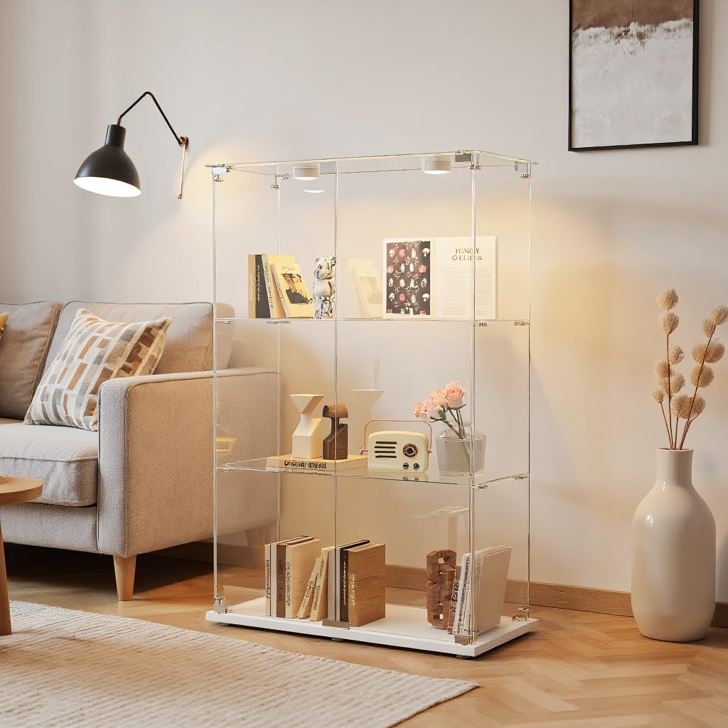 Vetrina in vetro con luci a LED, armadio EE, 3 ripiani e 2 porte, per collezione, camera da letto, soggiorno e sala da pranzo, 123 x 78,5 x 35 cm