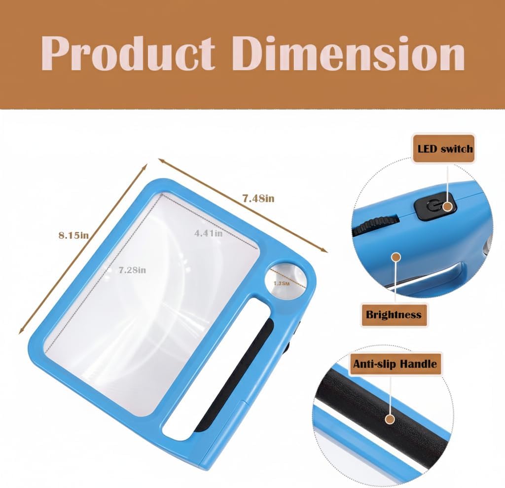 5X 10X Full Page Magnifying Glass for Reading, Rechargeable with 48 Adjustable LED Lights & 3 Light Modes, Comfort-Grip & Lightweight Handheld Magnifier for Seniors, Reading Aid, Low Vision(Blue)