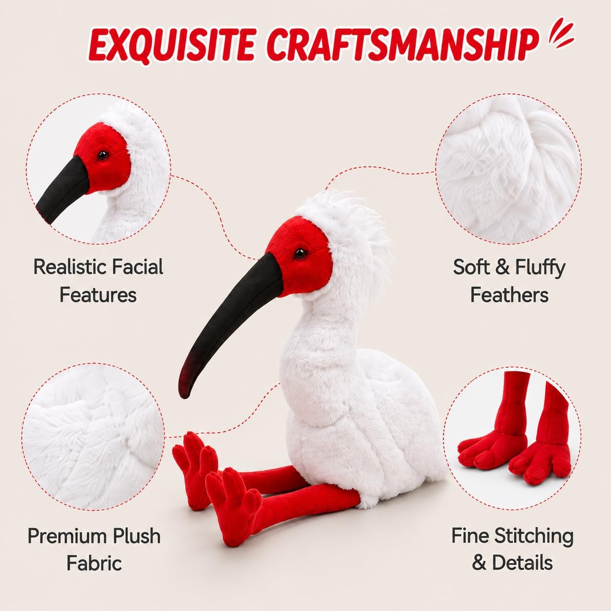 lilizzhoumax Crested Ibis Stuffed Animal,Simulation Bird Plush,Soft Plush, Girl Toys,Kawaii Gifts for Kids,Home Decor,White,W 10.6"