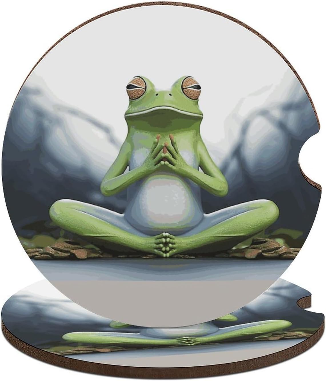 Funny Yoga Frog Car Coasters 2 Pack Absorbent Cup Holder Coasters 2.6″ Anti Slip Universal Drink Cup Mats with Finger Notch and Cork Base Car Interior Accessories