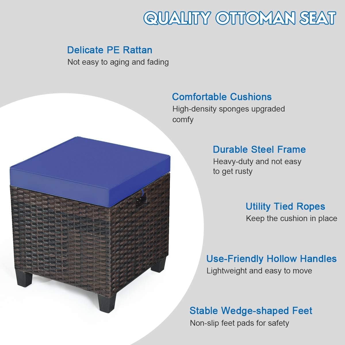DORTALA Outdoor Ottoman Wicker 2 Piece, Patio Ottomans PE Rattan Foot Rest with Cushion for Couch, Chair, Navy