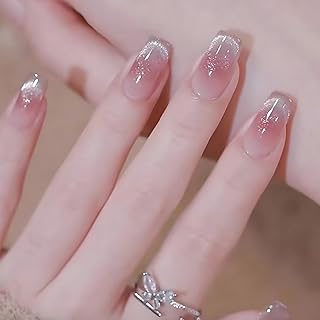 Ceboic 30 Stück French Press on Nails, Kurz Eckig Fingernägel zum Aufkleben Rosa Farbverlauf Falsche Nägel, Katzenauge Glänzend Künstliche Nägel Natürlich Fake Nails Full Cover Kunstnägel für Frauen