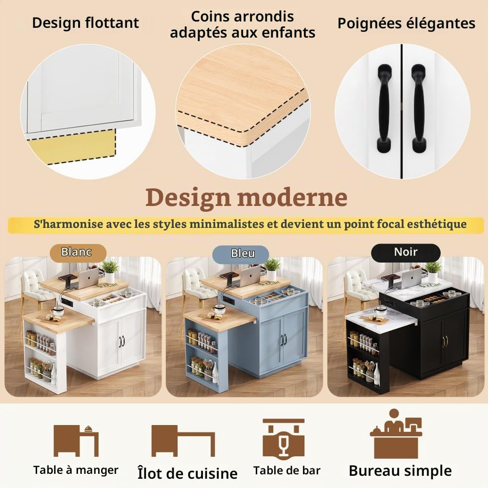 Sapgaks Table de Bar,Îlot de Cuisine sur roulettes,Table à Manger Extensible avec éclairage LED, Table de Cuisine avec multiprises, Sert d'îlot de Cuisine, de Buffet ou de Table de Bar (Blanc-2)
