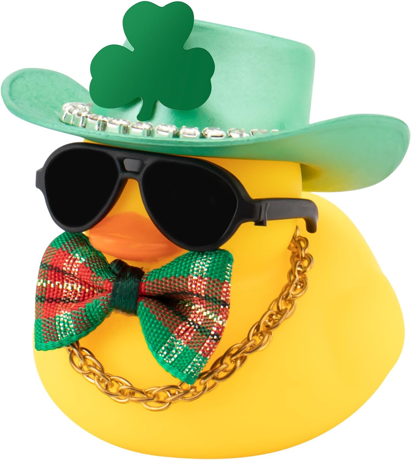 Wonuu Rubber Duck St. Patrick's Day Decoration - Lucky Green Shamrocks Hat & Car Decor, Diamond Cowboy Hat-Bow Tie