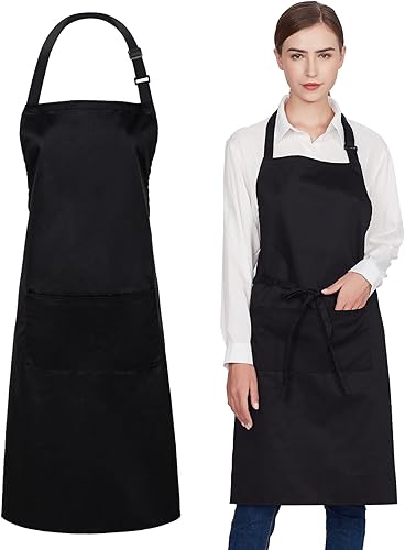 1 paquete de delantales 100% algodón con 2 bolsillos para cocinar, cocinero, cocina, delantal ajustable para mujeres y hombres, negro