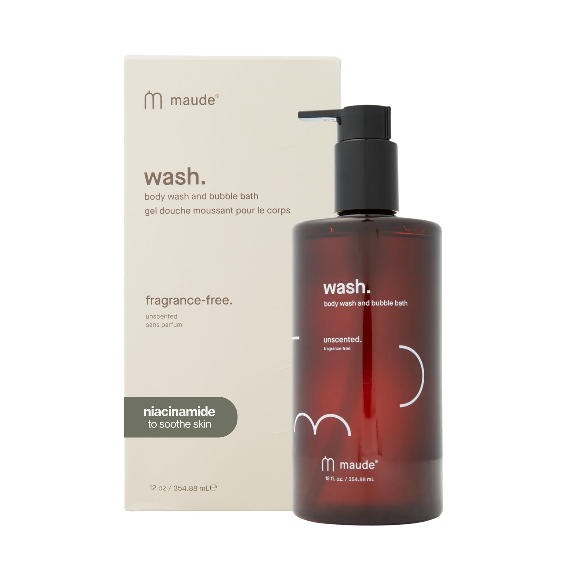 Maude Wash - pH Balanced Moisturizing Body Wash - Unscented Body Soap & Bubble Bath - With Smoothing Niacinamide & Aloe - Gentle Everyday Shower Gel &