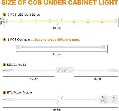 Miniatura 6 de Tatazone Kit de iluminación COB para debajo del gabinete de 6 piezas con control remoto RF, barra de luces LED flexible para debajo del gabinete de