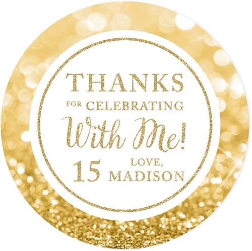 Andaz Press Etiquetas adhesivas redondas con purpurina dorada sintética brillante, con texto en inglés "Thank for Celebrating with Me 15", "Mis