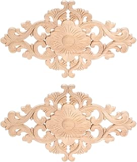 Wood Carved Appliques, 2Pcs Wooden Decorative Onlays, MUXSAM Unpainted Furniture Center Decals for Cabinet Dresser Bed Door Wall Wardrobe Ceiling Decoration Home DIY Project, 30x18cm/11.81"x7.09"