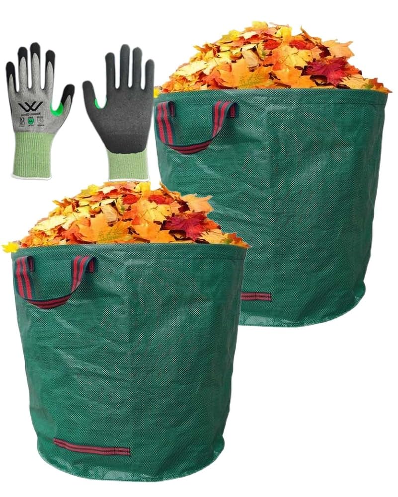 2 Sacchi Riutilizzabili 500L per Rifiuti Verdi | con 1 Paio di Guanti per Prato, Foglie e Residui Giardino,2bags 1glove