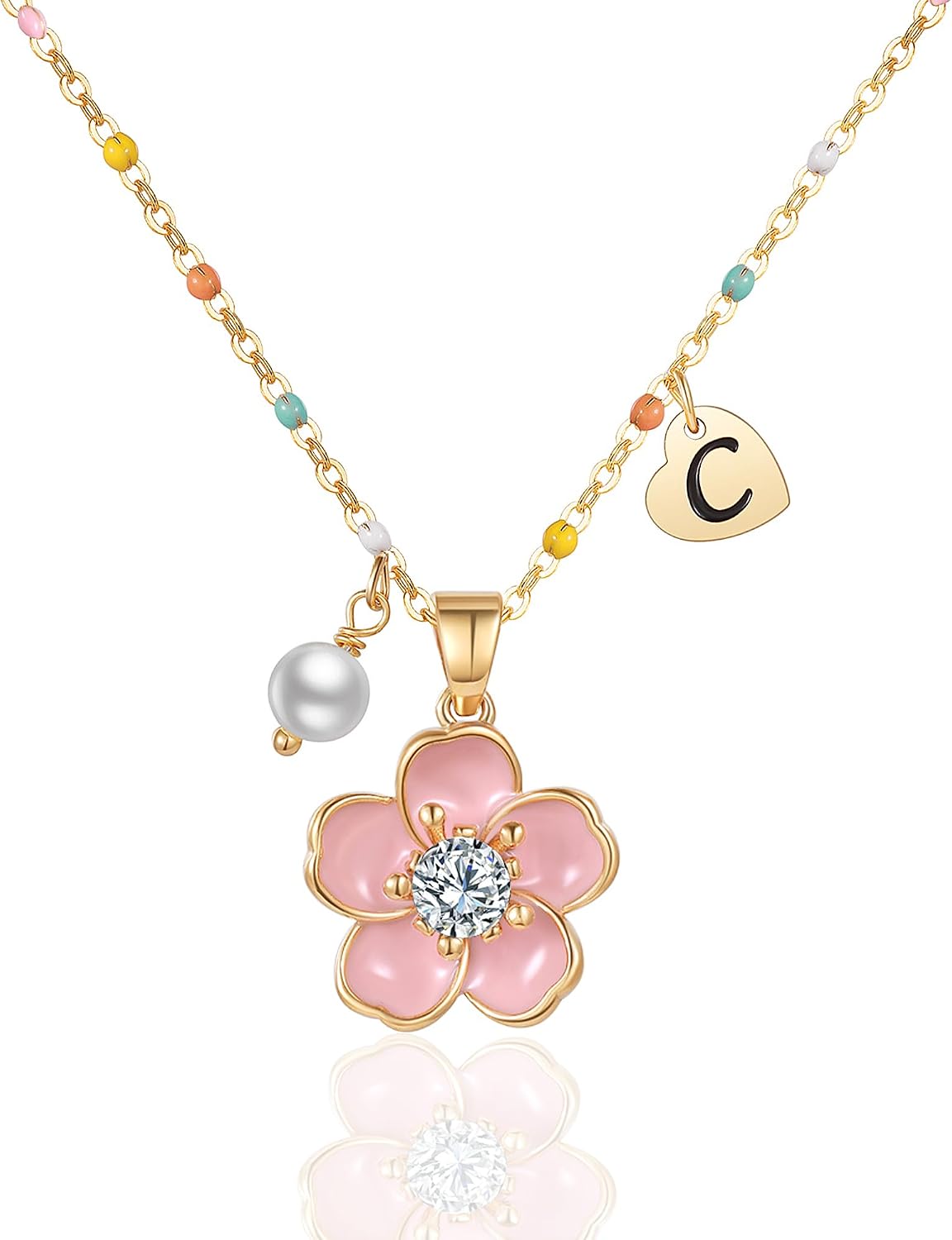 DS Valentines Day Gifts for Kids 18K Gold Plated Stainless Steel Heart Initial Letter Flower Pearl Charm Pendant Necklaces for Girl Personalized Wedding Proposal Bridal Shower Party Jewelry Gift