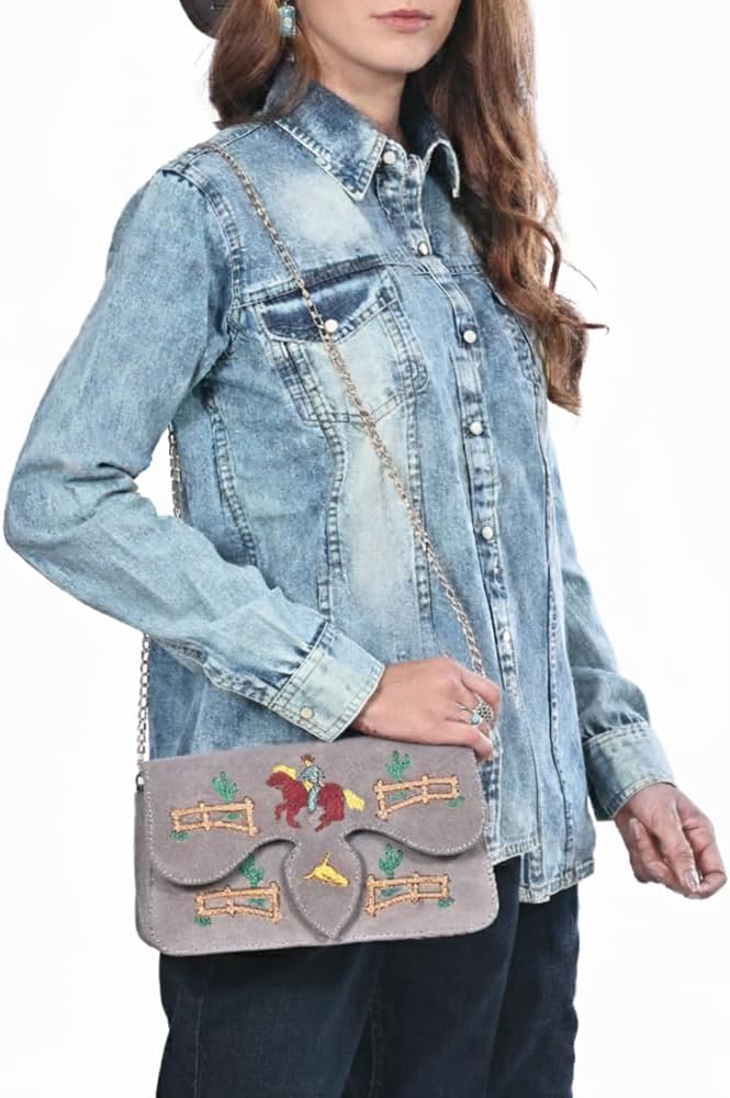 American Darling Rodeo Embroidered Suede Crossbody Bag Cowboy Gold Chain Strap