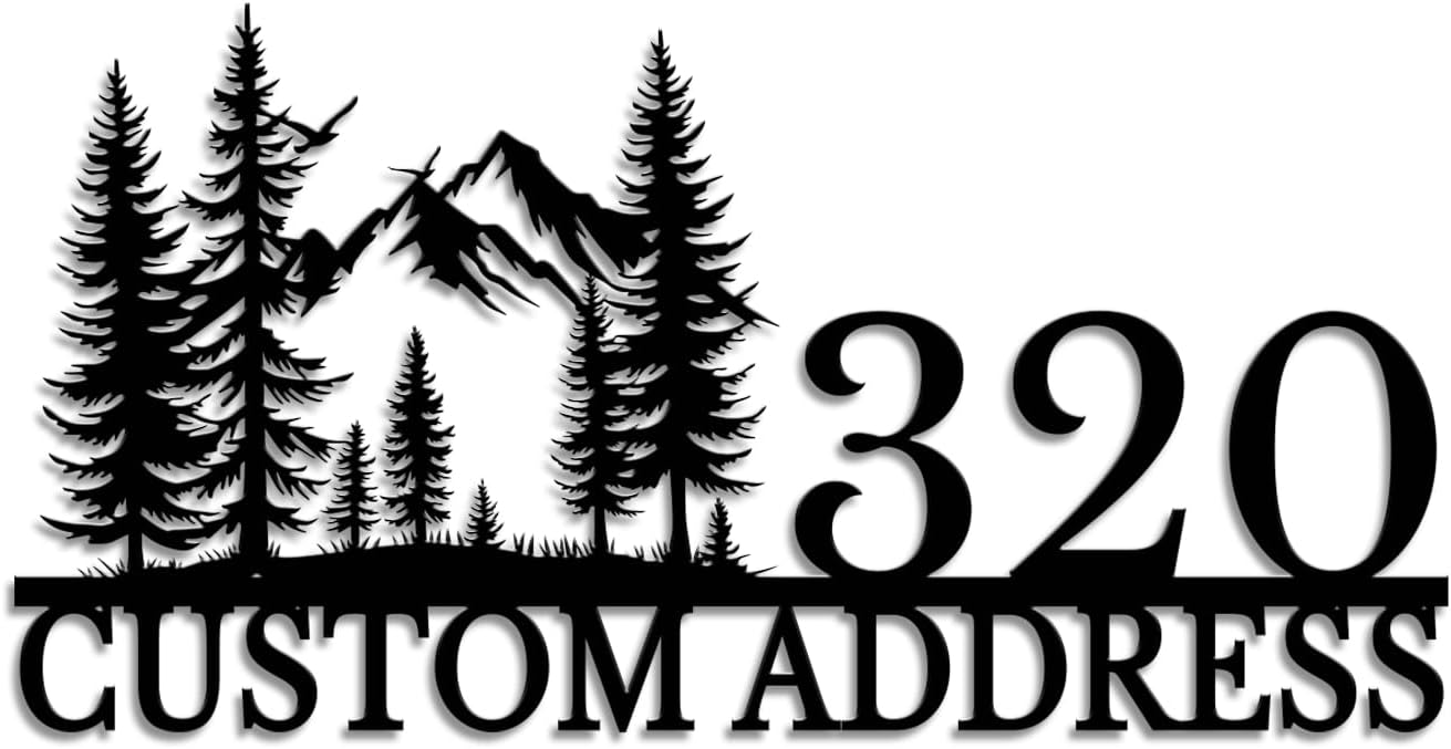 Custom Mountain & Trees Metal Address Plaque, Custom House Number Sign with Mountain Forest Silhouette, Nature Theme Street Number Plaque for Outdoor, Yard, Gate, Porch and Cabin (Style-2)