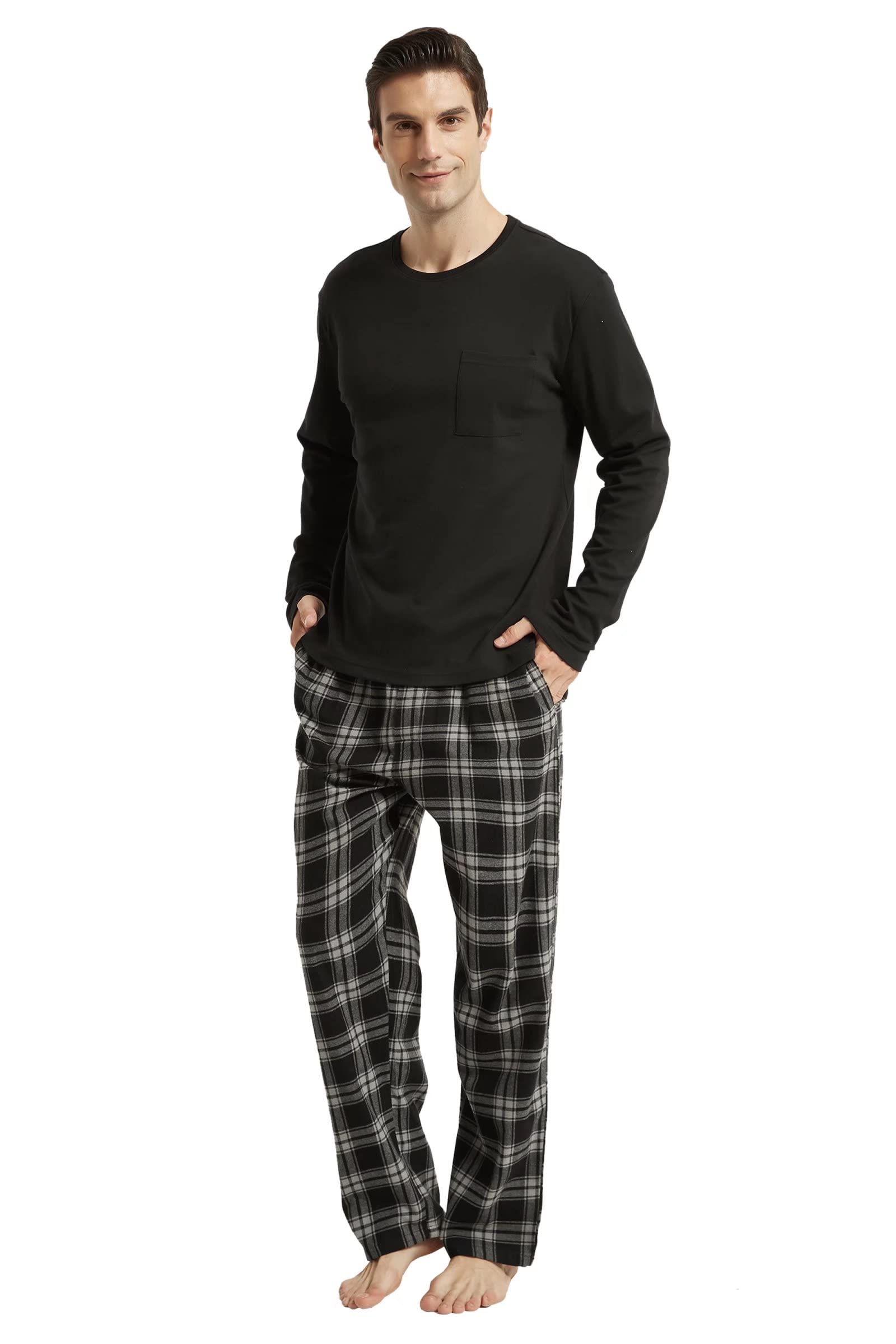 Amaxer Pigiama Uomo Cotone Lungo di Flanella Set da Notte Top a Manica Lunga con Tasche Pantaloni con Coulisse