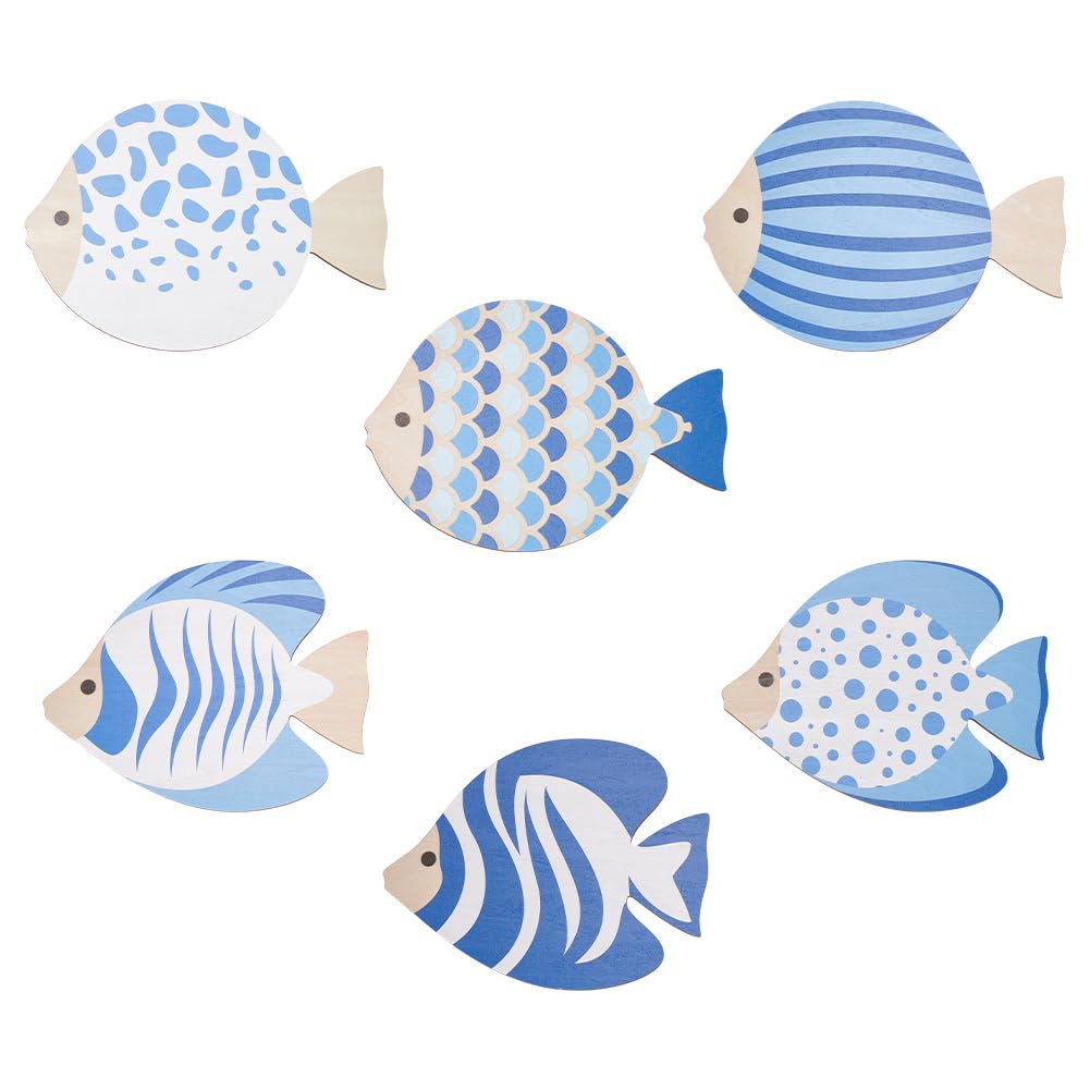 UNICRAFTALE 6 Pezzi Pesce di Legno Decorazione da Parete Spiaggia Arte della Costa Decorazione Nautica da Spiaggia Decorazione da Bagno Scultura da Parete Blu Scultura a Pesce da Appendere per Casa