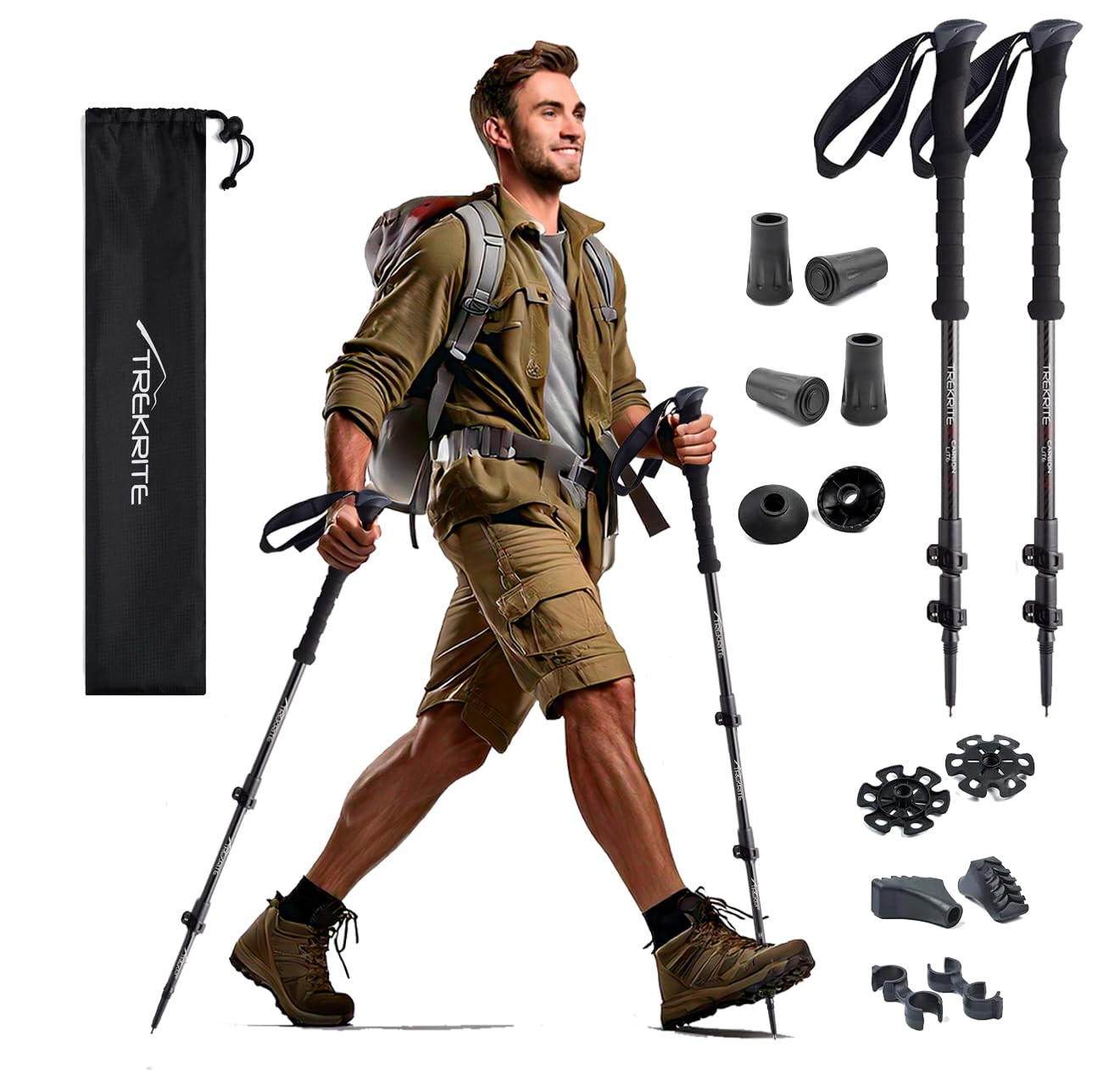 Trekrite 3K Carbon Fibre Walking/Hiking/Trekking Poles/Sticks - Adjustable Lightweight Unisex with Accessories (2pc / set/pair) - UK Based Company