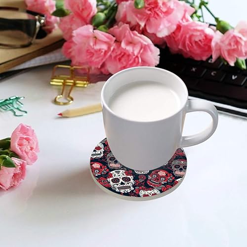 Miniatura 4 de visesunny Posavasos de piedra con estampado de calavera de azúcar y rosas rojas que absorben la humedad con base de corcho para protección de mesa