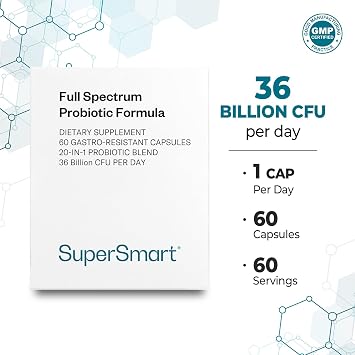 Supersmart Full Spectrum Probiotic Formula 36 Billion CFU per Day (20-in-1 Complex) - with Lactobacillus Reuteri, Gasseri, Rhamnosus, Crispatus | Non-GMO & Gluten Free - 60 Vegetarian Capsules