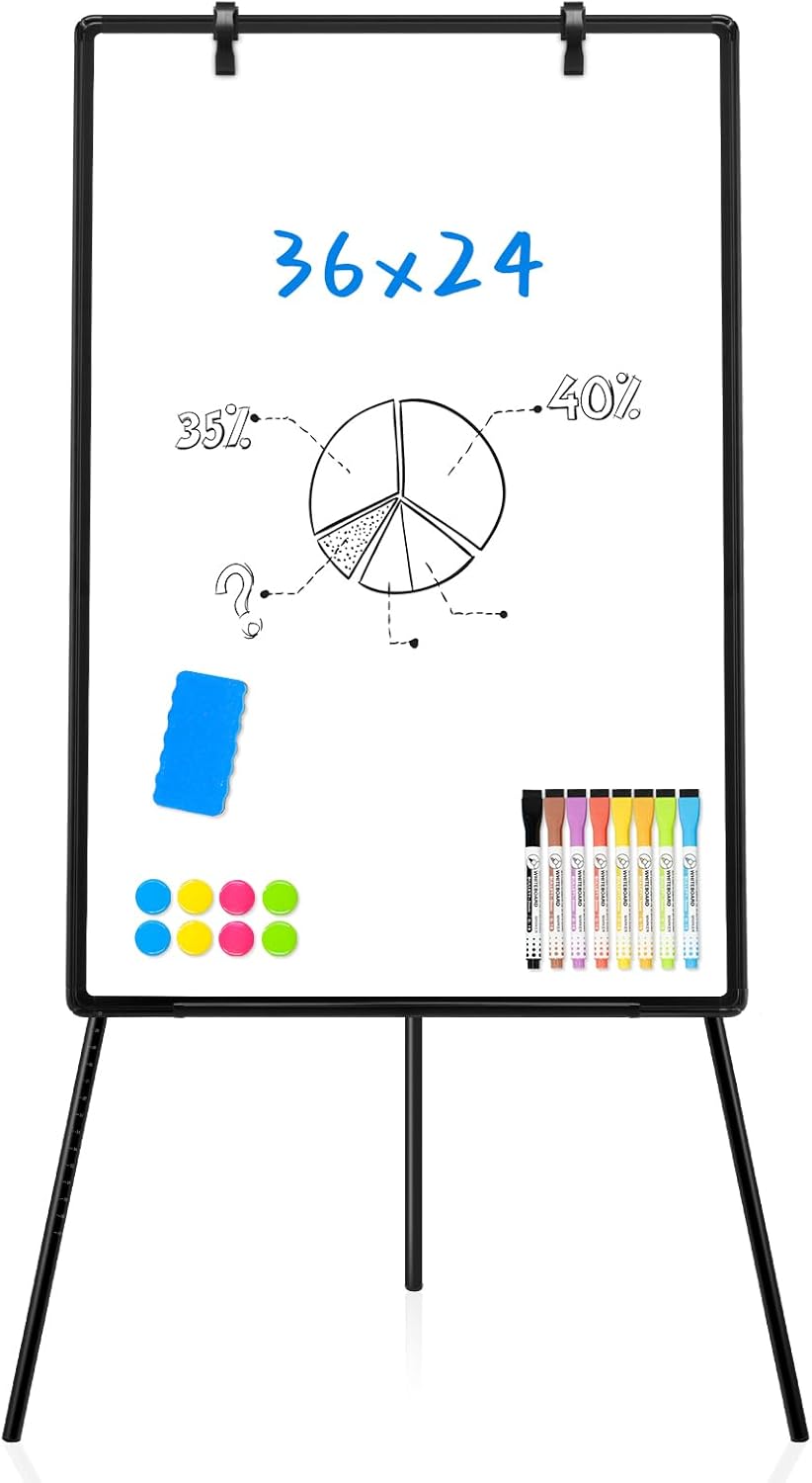 White Board with Stands 36" x 24" Whiteboard Easel Standing Magnetic Dry Erase Board Portable Tripod Height Adjustable Easel for Office School Home 8 Markers 8 Magnets 1 Eraser, Black