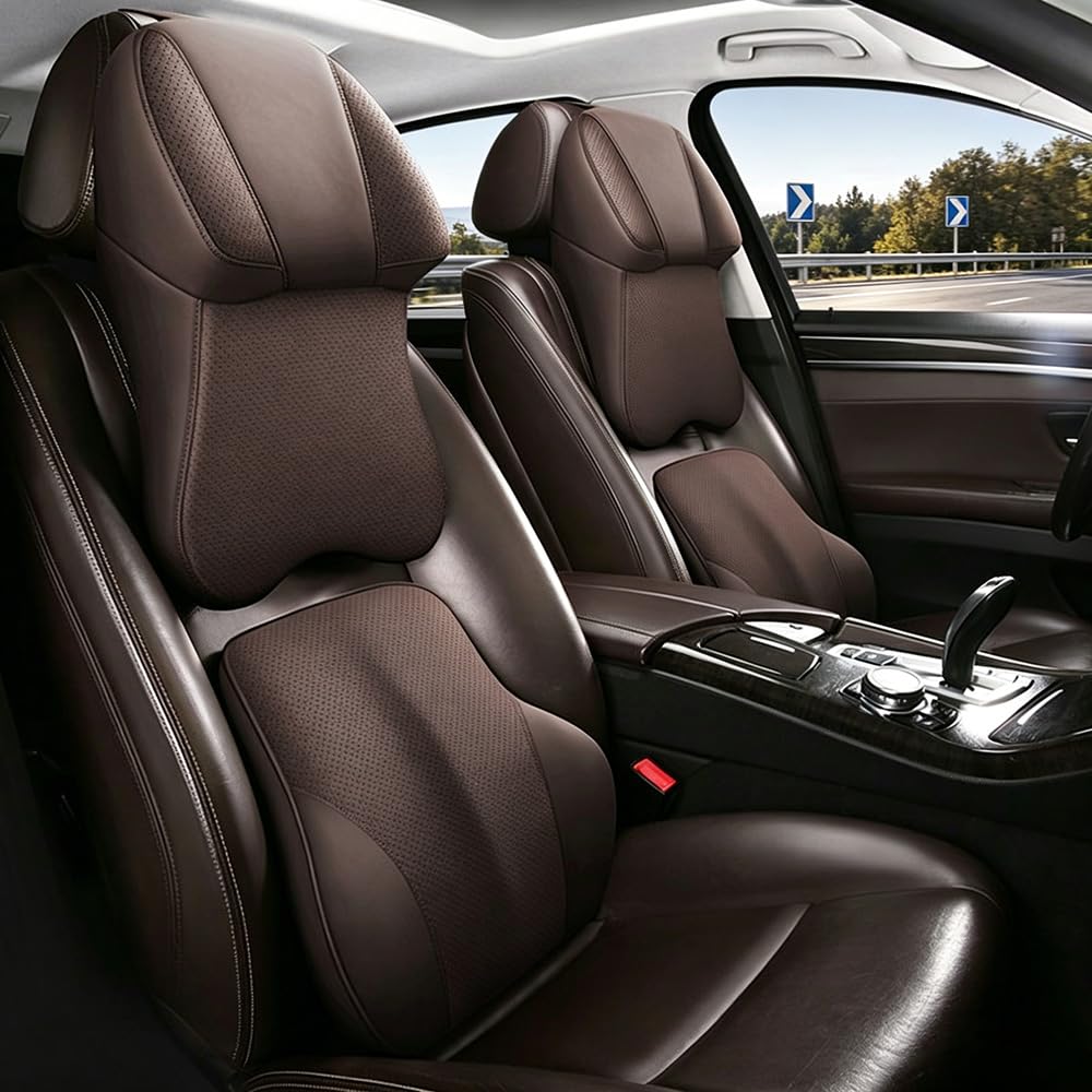 ONEMAJI Car Headrest and Lumbar Support Cushion Set for Mitsubishi Lancer Evolution Ⅹ Memory Foam Neck Pillow Back Rest Breathable Perforated Leather,Brown