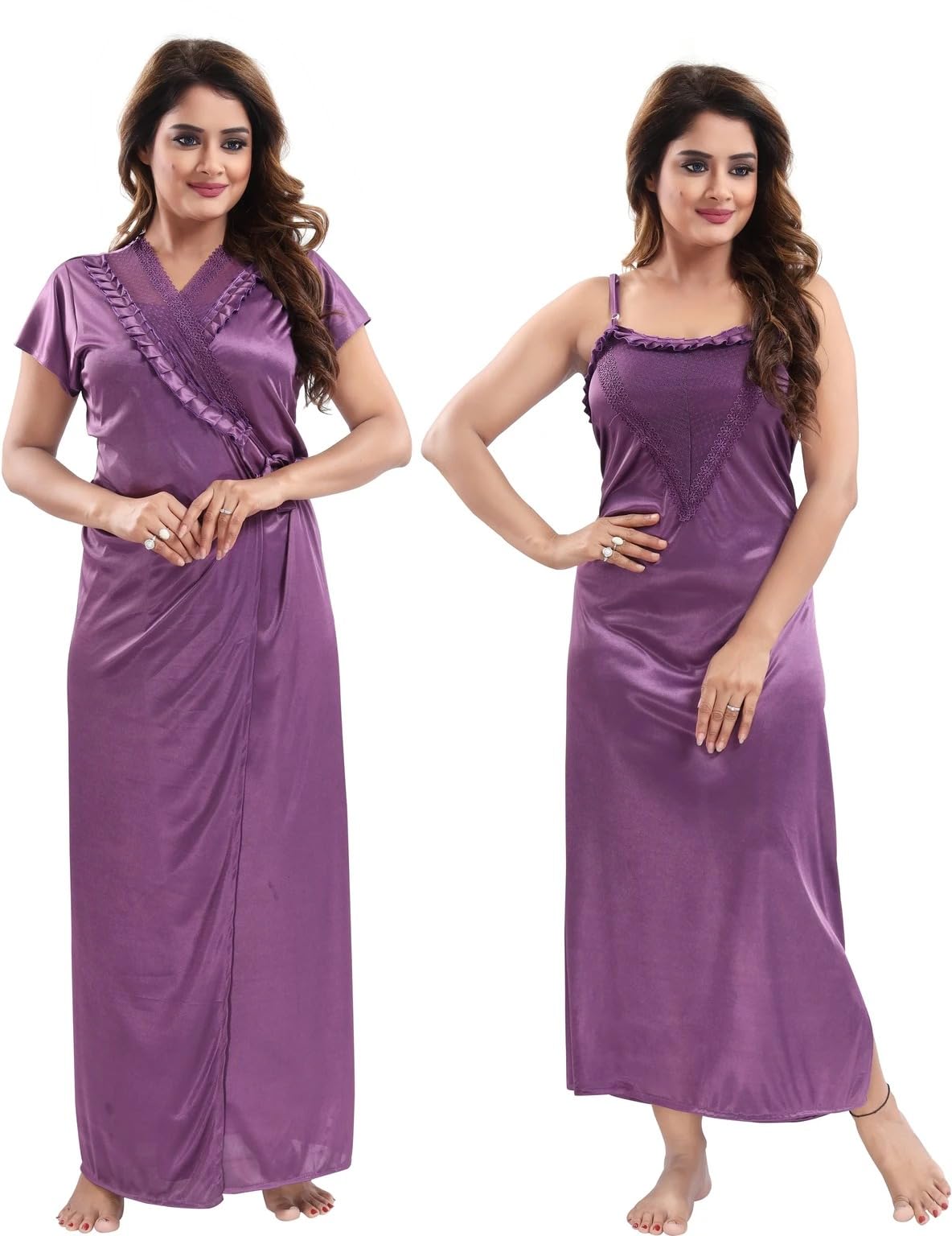 Shree Madhavan Enterprises Women's Satin Nighty with Robe Set | Soft & Silky Lace Trim Long Night Dress with Matching Robe | (Purple, 2-Piece Set)-image-28