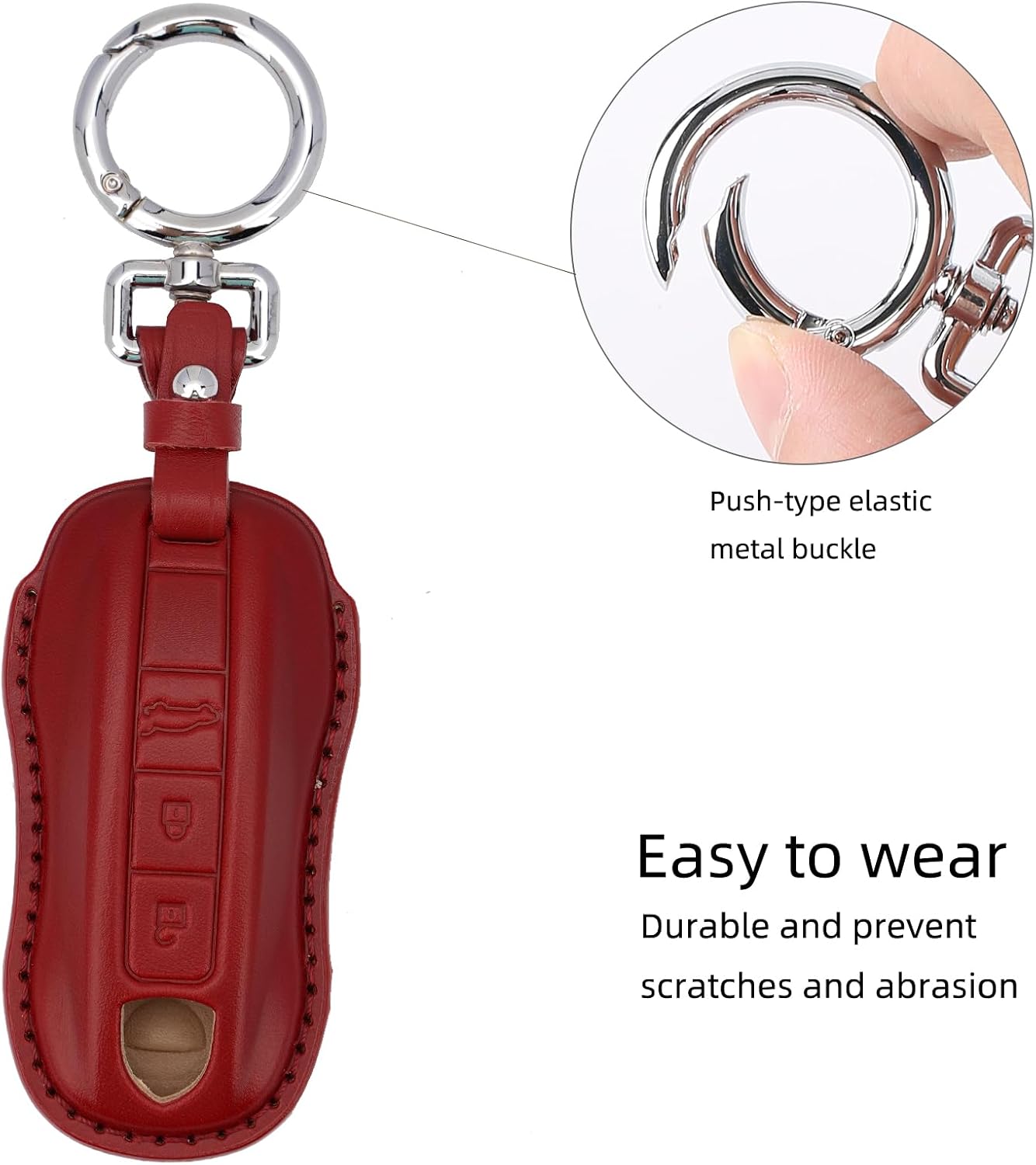for Porsche Leather Key Fob Cover with Keychain Key Shell Compatible with 2020-2021 Porsche Cayenne, Macan Smart Key (Deep Red)