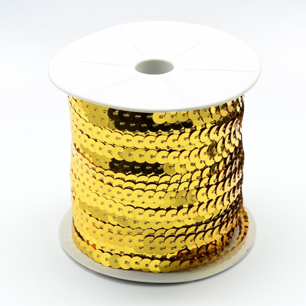 Stiesy 100 Yards Golden Sequin Beads Strip 4mm Flat Round Sequin Beaded Paillette Trim String Roll for Jewellry Making Ribbon Sewing Costumes Decoration