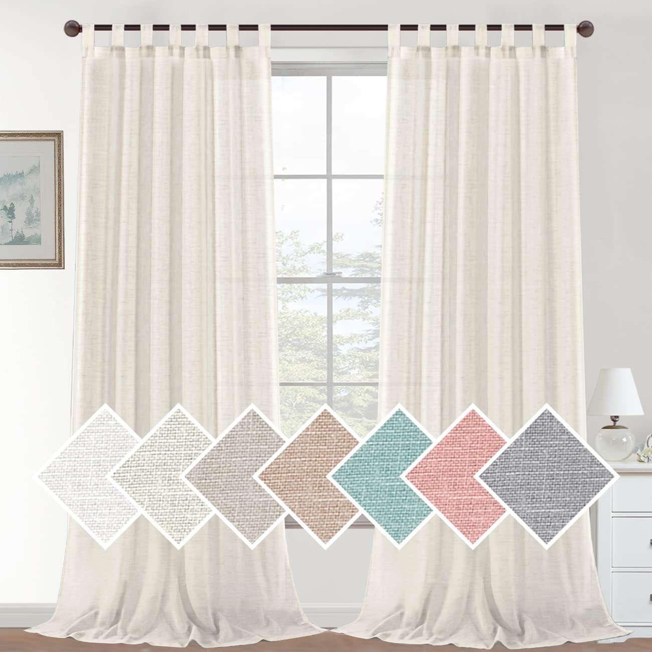 2 Pack Linen Elegant Curtains 72 Inches Long 7 Tab Top Breathable and Airy Drapes for Bedroom/Livingroom/Farmhouse (Ivory, 52'' x 72'')