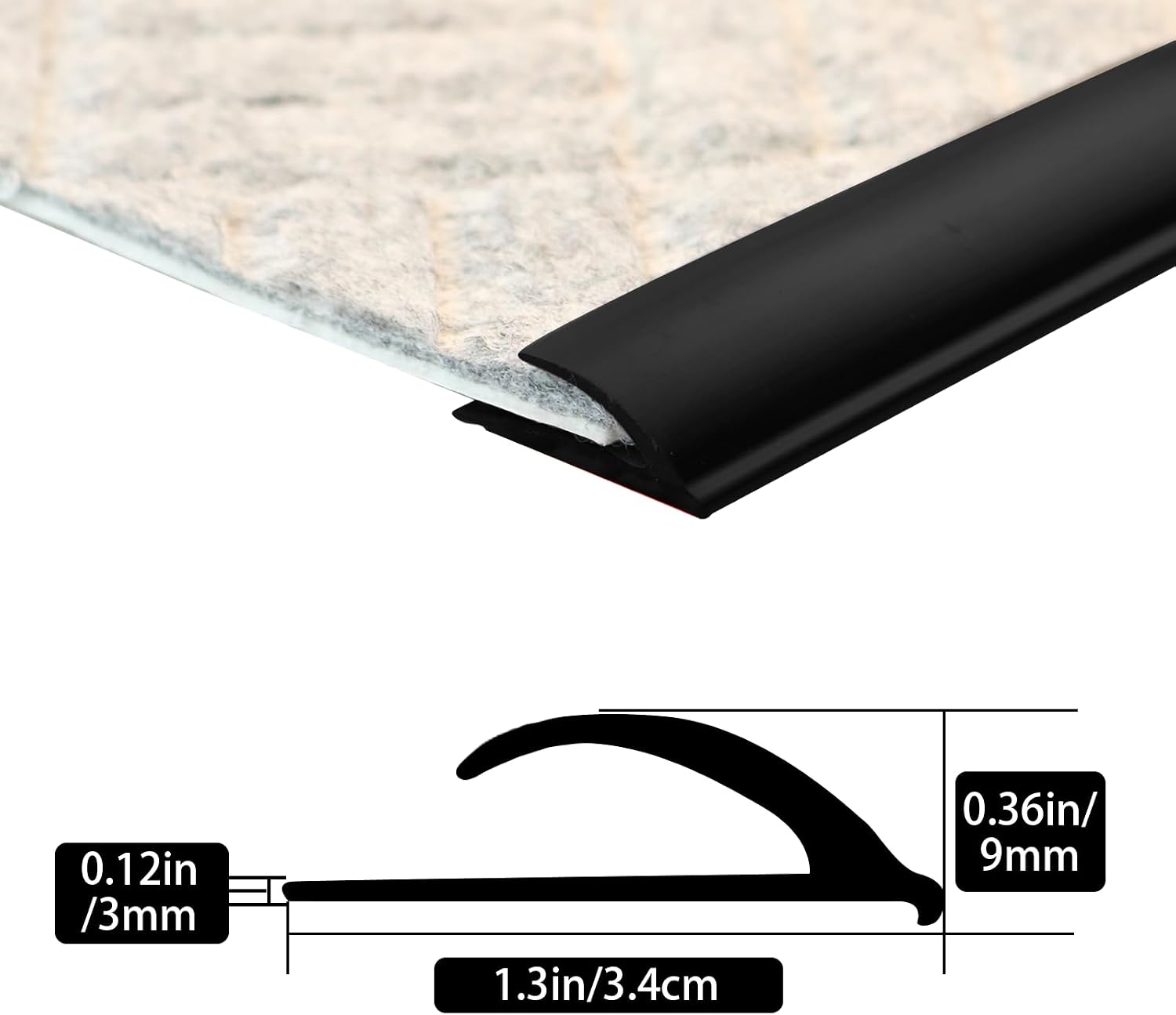 [New Upgrade] Floor Transition Strip, Self Adhesive Rubber Rug Gripper Tape Carpet Edge Trim Strip, Wood Tile Laminate Transition Cover Doorway Gap for Threshold Height Less Than 6mm (Black, 20ft)